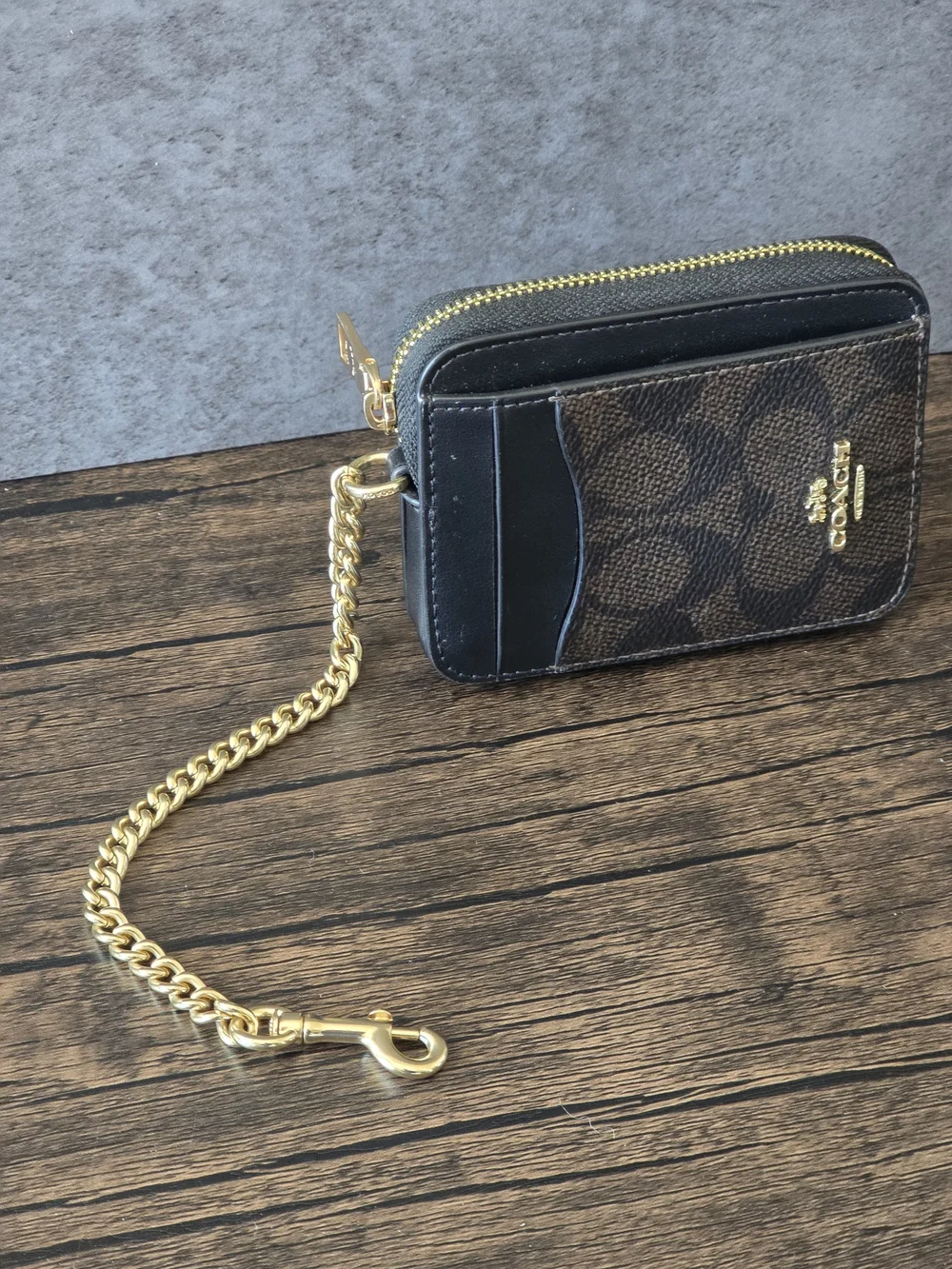 Coach Signature Zip Card Case Wallet - Brown/Black
